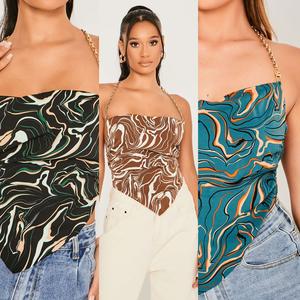 Marble Tie Back Chain Strap Cowl Top Casual Fit Womenswear