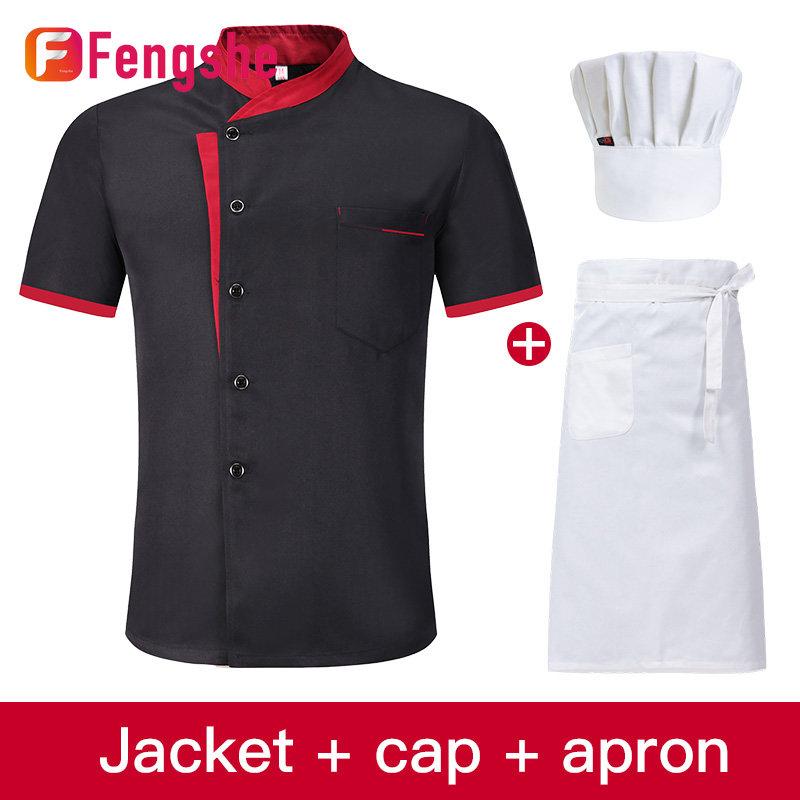 Fengshe-Đồng Phục Đầu Bếp Unisex Chất Lượng Cao Quần Áo Làm Việc Nhà Bếp Khách Sạn Đồng Phục Đầu Bếp Nhà Hàng Ngắn Tay Áo Nấu Ăn Áo Khoác + Mũ + Tạp Dề Cho Nam Và Nữ