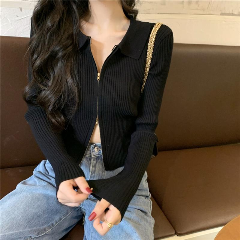 Áo Cardigan Dệt Kim Dài Tay Có Khóa Kéo Đôi Cho Nữ, Xu Hướng Đường Phố Ins, Mùa Xuân Và Mùa Thu, Màu Trơn Mới, Co Giãn, Màn Hình Mỏng, Áo Khoác Ngắn Và Dài Tay